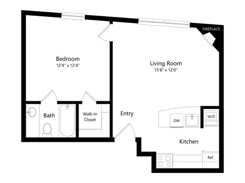Floor plan for 1 bed, 1 bath, 628 sqft